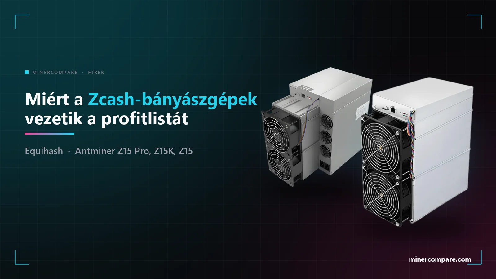 Két Bitmain Antminer Z15 sorozatú Zcash-bányászgép sötét háttéren