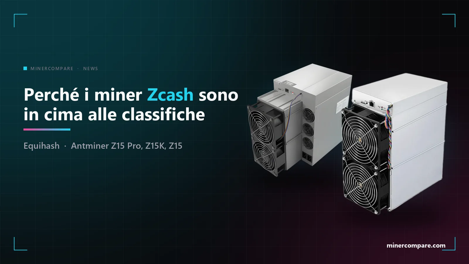 Due miner Zcash della serie Bitmain Antminer Z15 su sfondo scuro